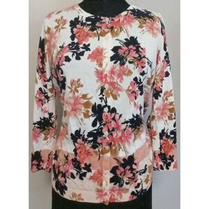 Talbots Women Pink Black Brown Floral‎ Button Up Cardigan Sweater Size M